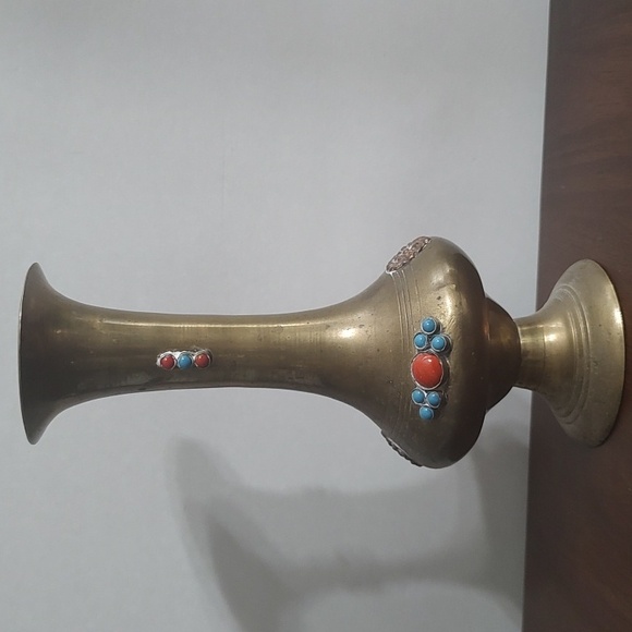 Brass Vase Coral Turquoise Glass Design - Picture 2 of 12